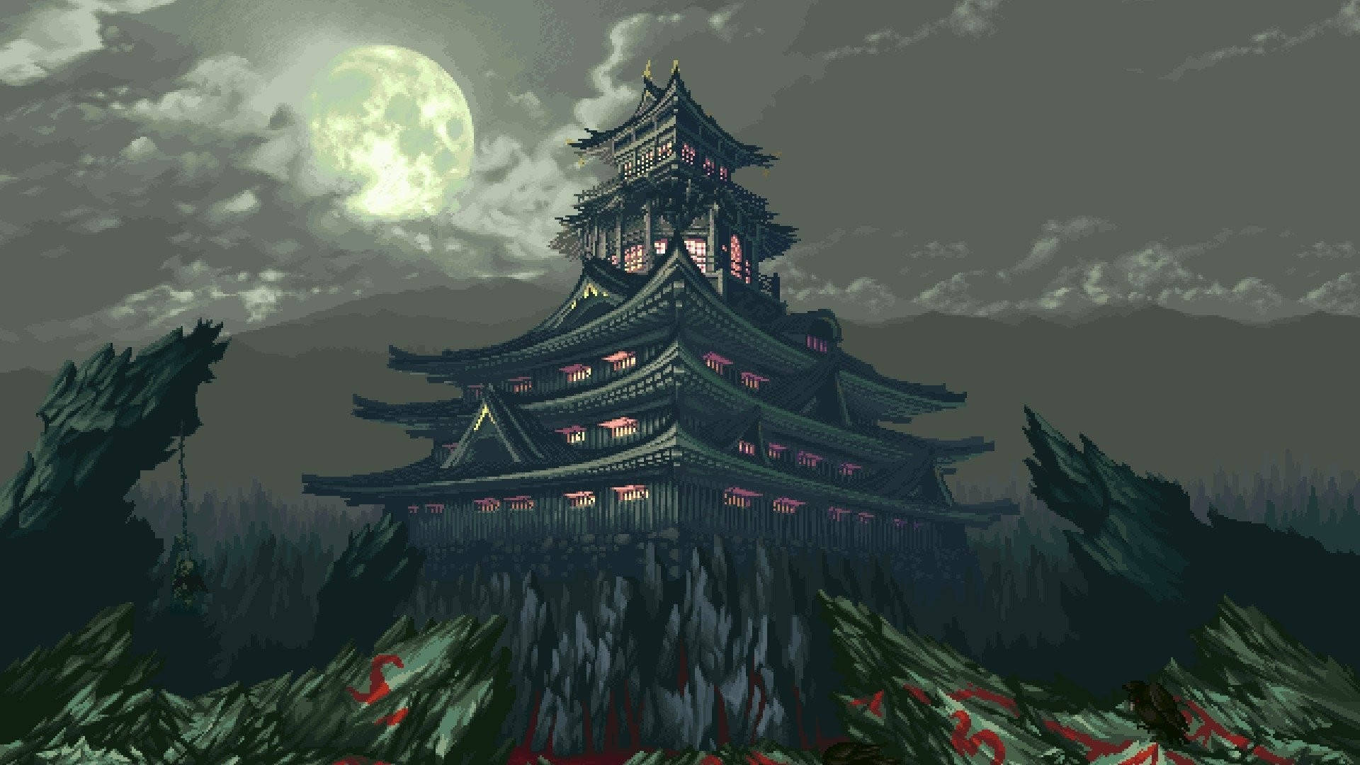 En pagoda i skoven med en fuldmåne Wallpaper