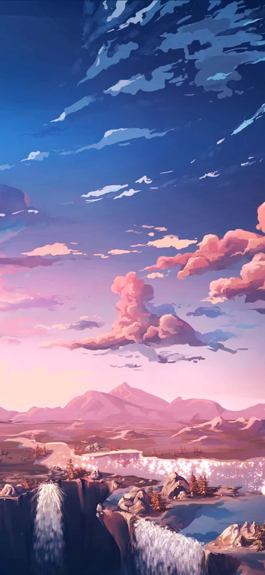 Et maleri af en vandfald og bjerge mod et solnedgangs himmel Wallpaper