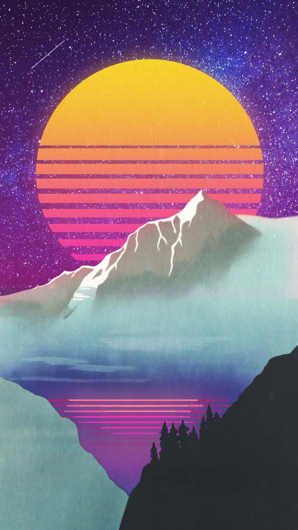 Et plakat med en solnedgang over bjerge og en bjergsø Wallpaper