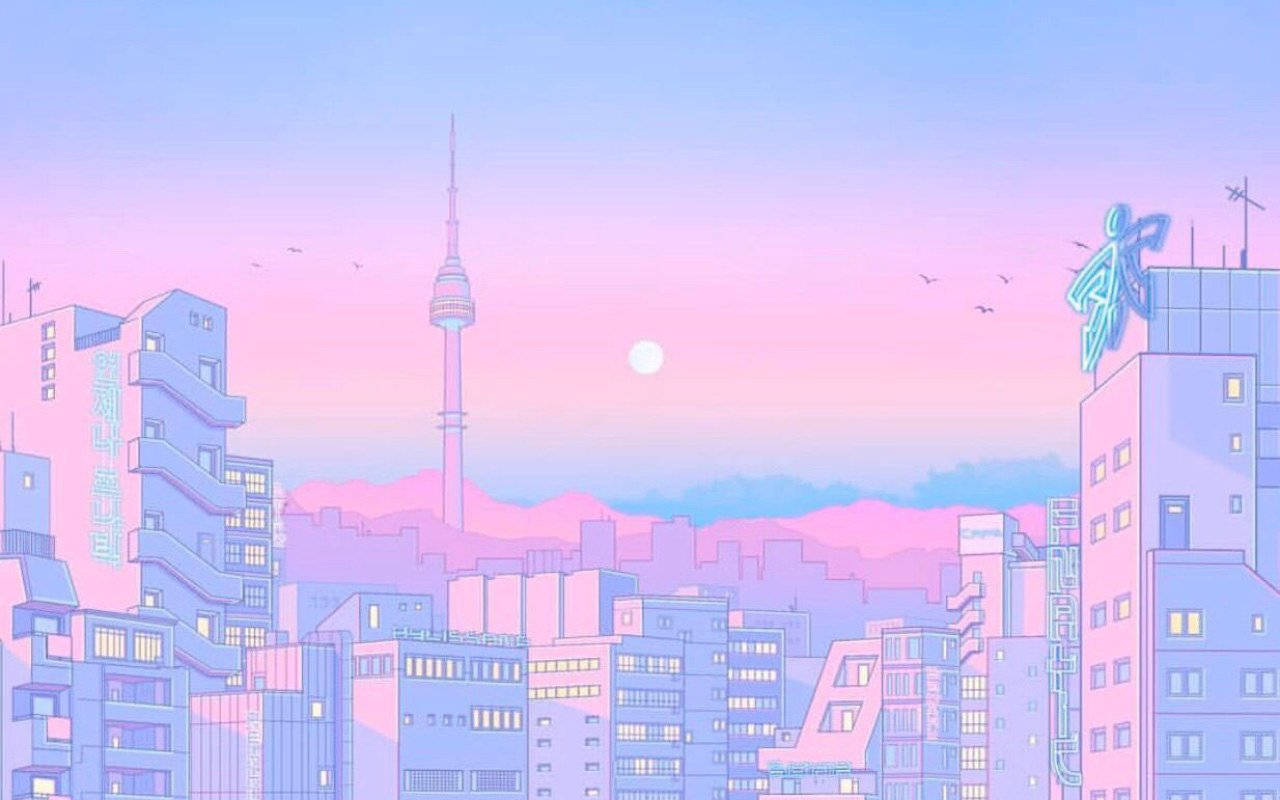 a city with a pink sky and buildings Wallpaper