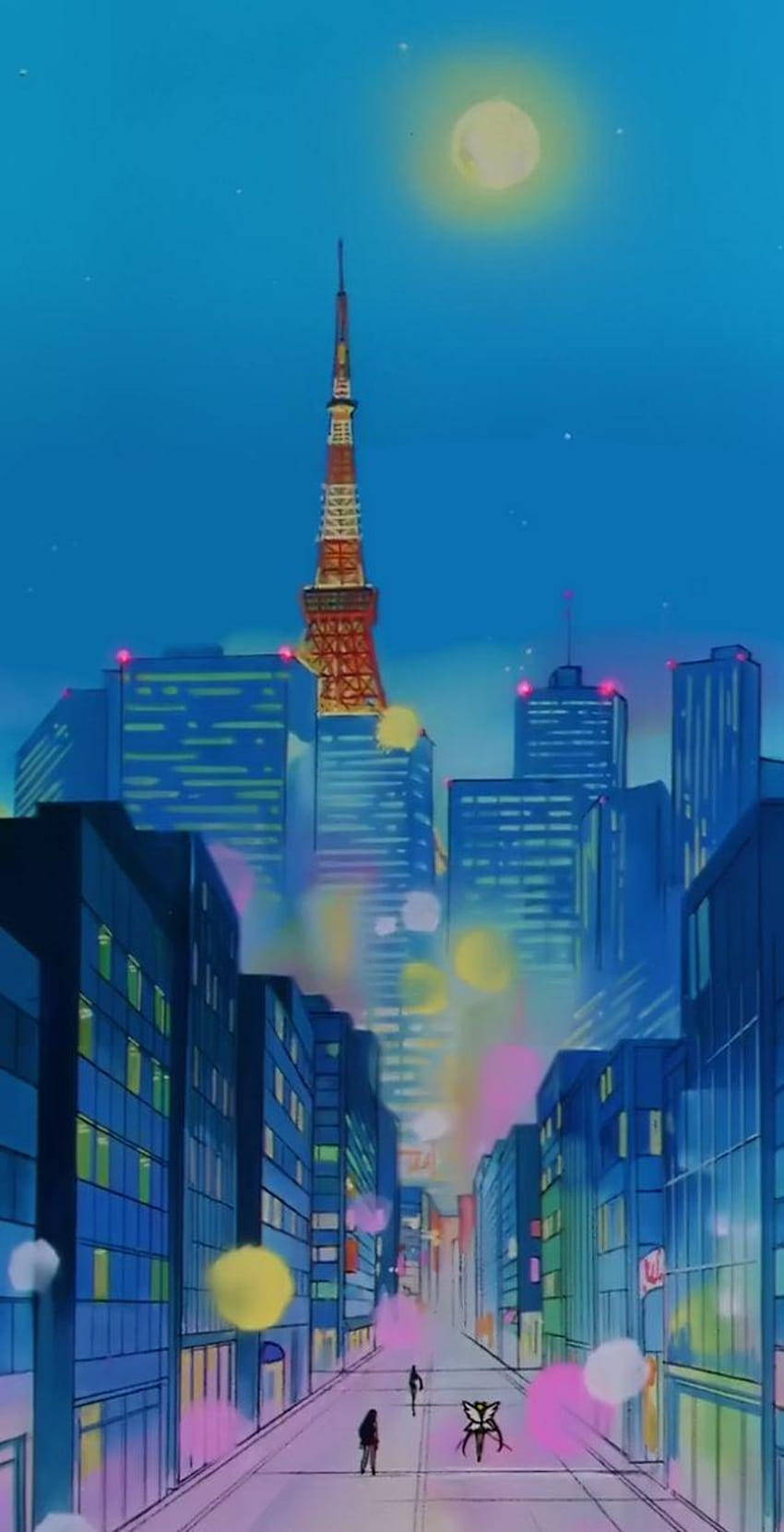 a cartoon city with a tower in the background Wallpaper