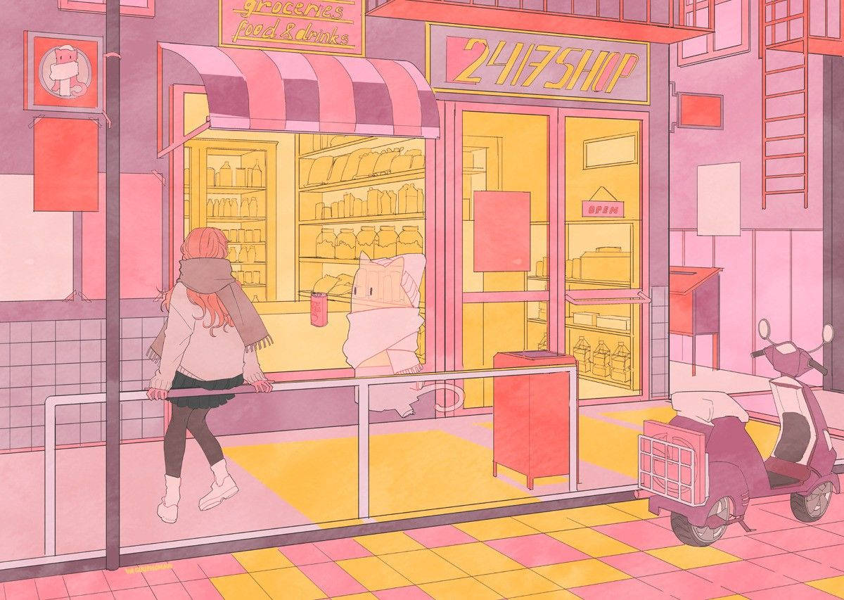 En pige går ned ad gaden tæt på en pink butik Wallpaper