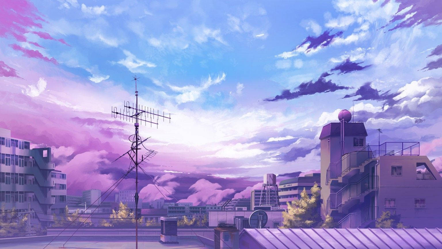 a purple sky with buildings and a radio tower Wallpaper