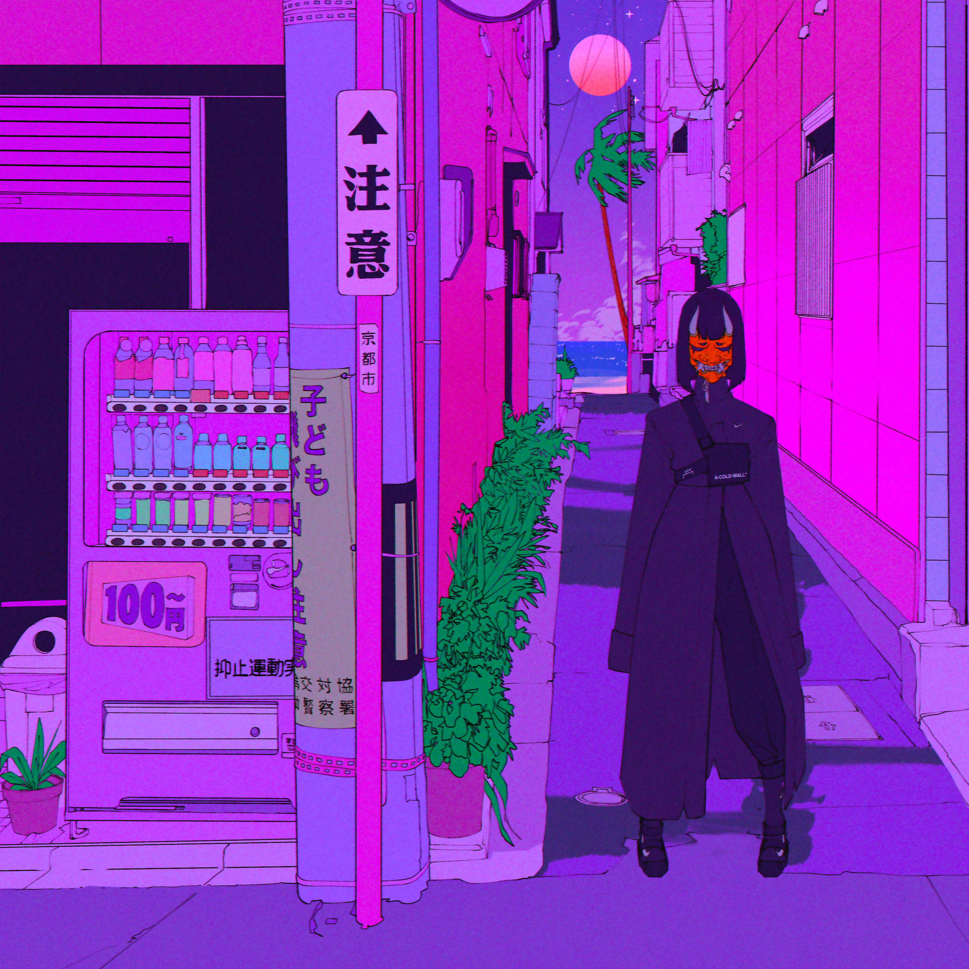 a woman in a black coat is standing in a street Wallpaper