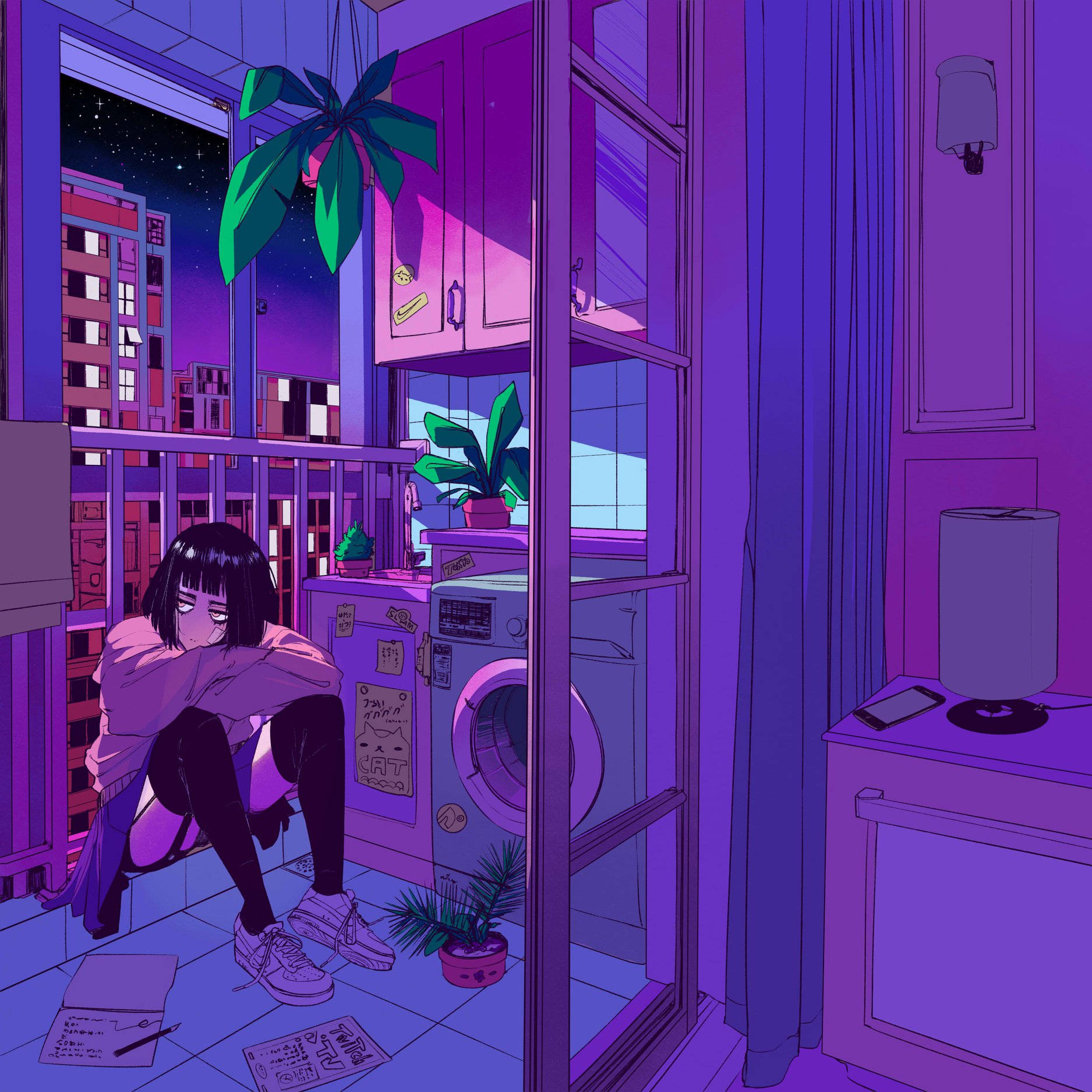 a girl sitting in a room with a purple wall Wallpaper