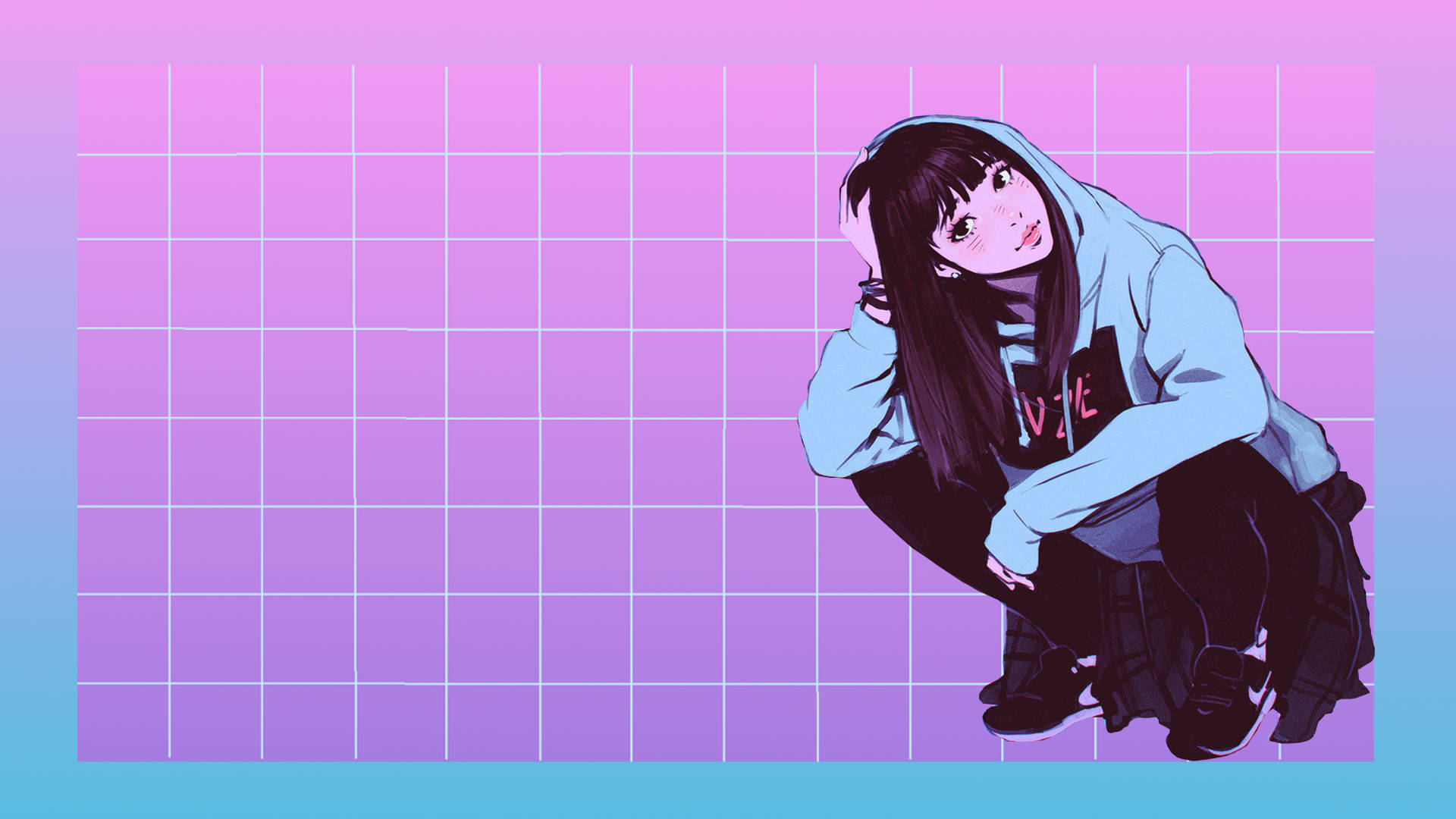 a girl in a hoodie is kneeling down on a pink and blue background Wallpaper