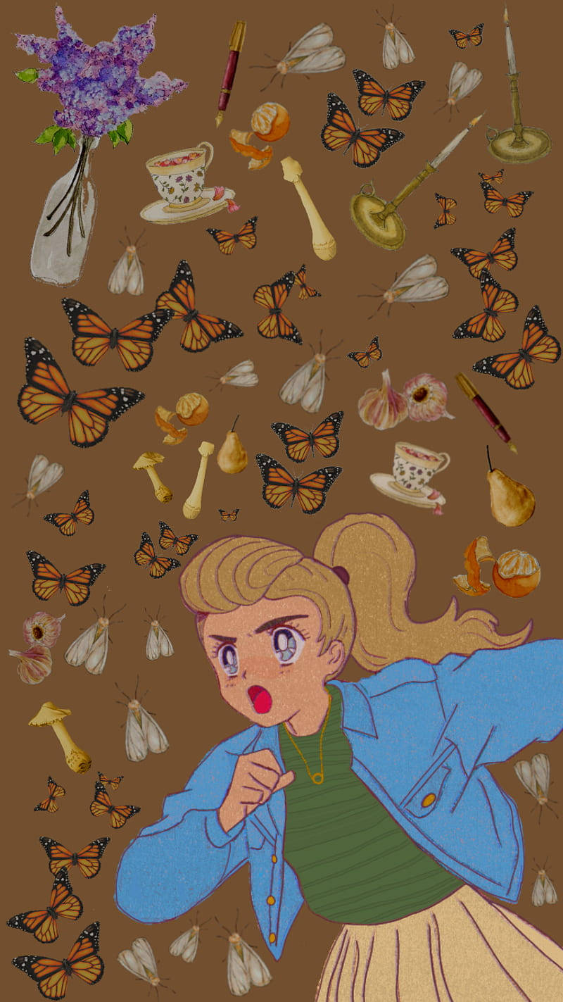 a girl with butterflies in her hair Wallpaper