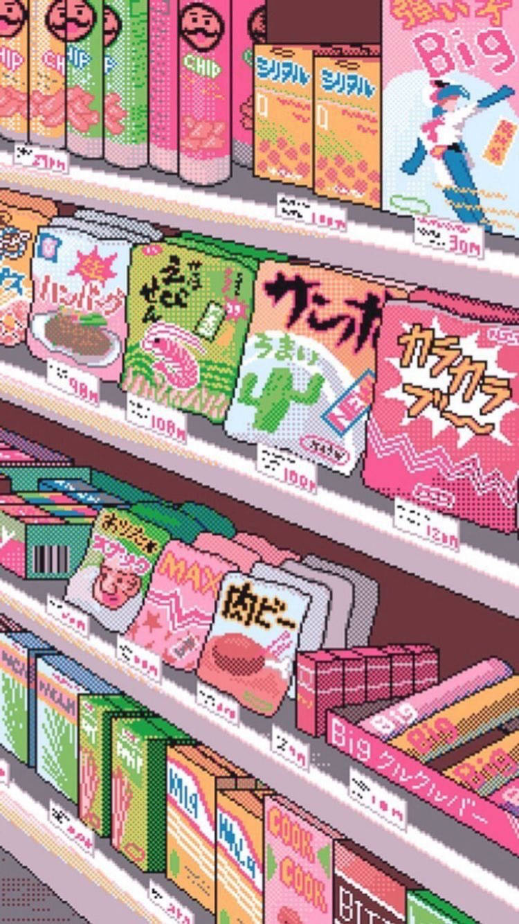 a pink shelf with many different kinds of candy Wallpaper