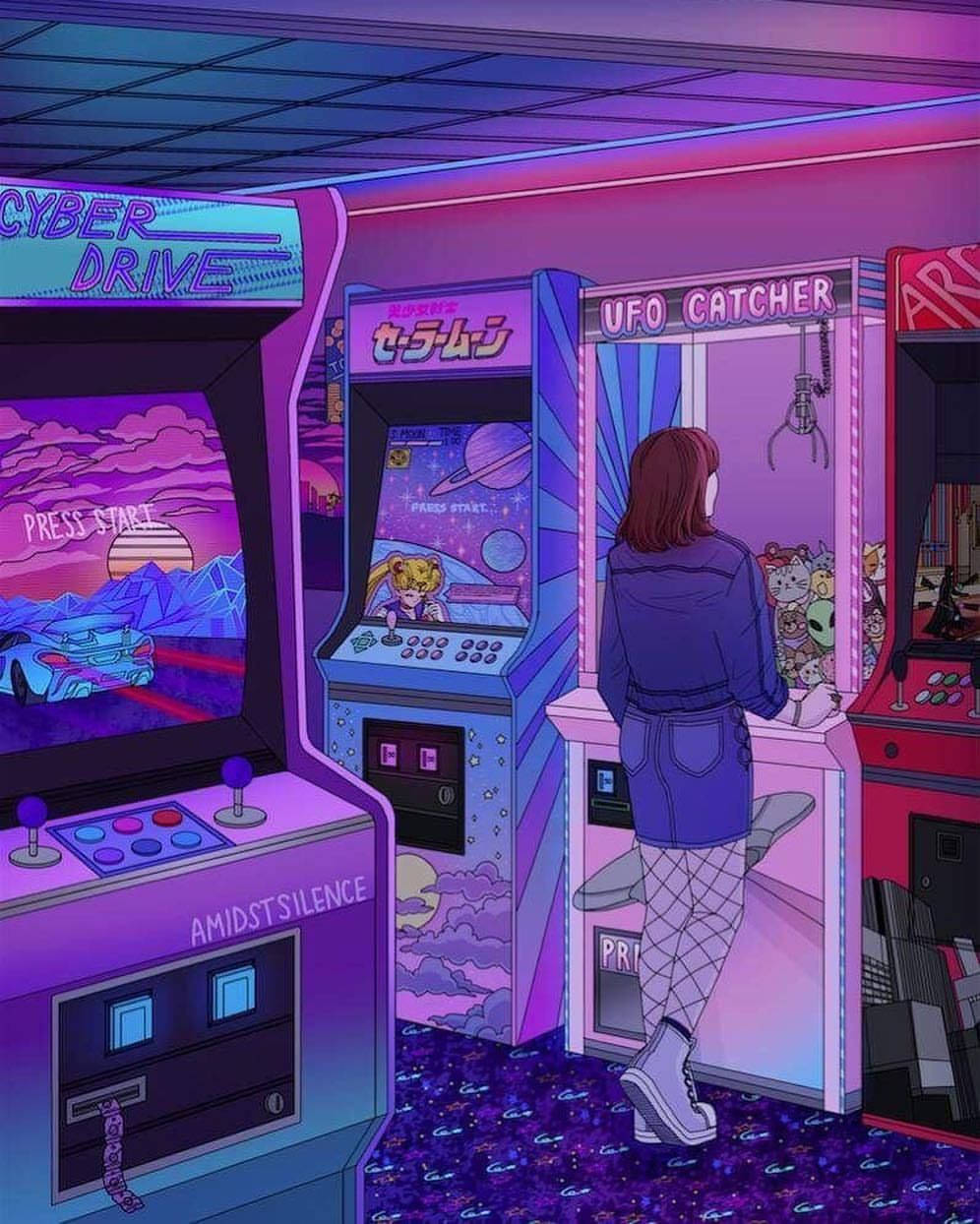 a girl is standing in front of a video game machine Wallpaper