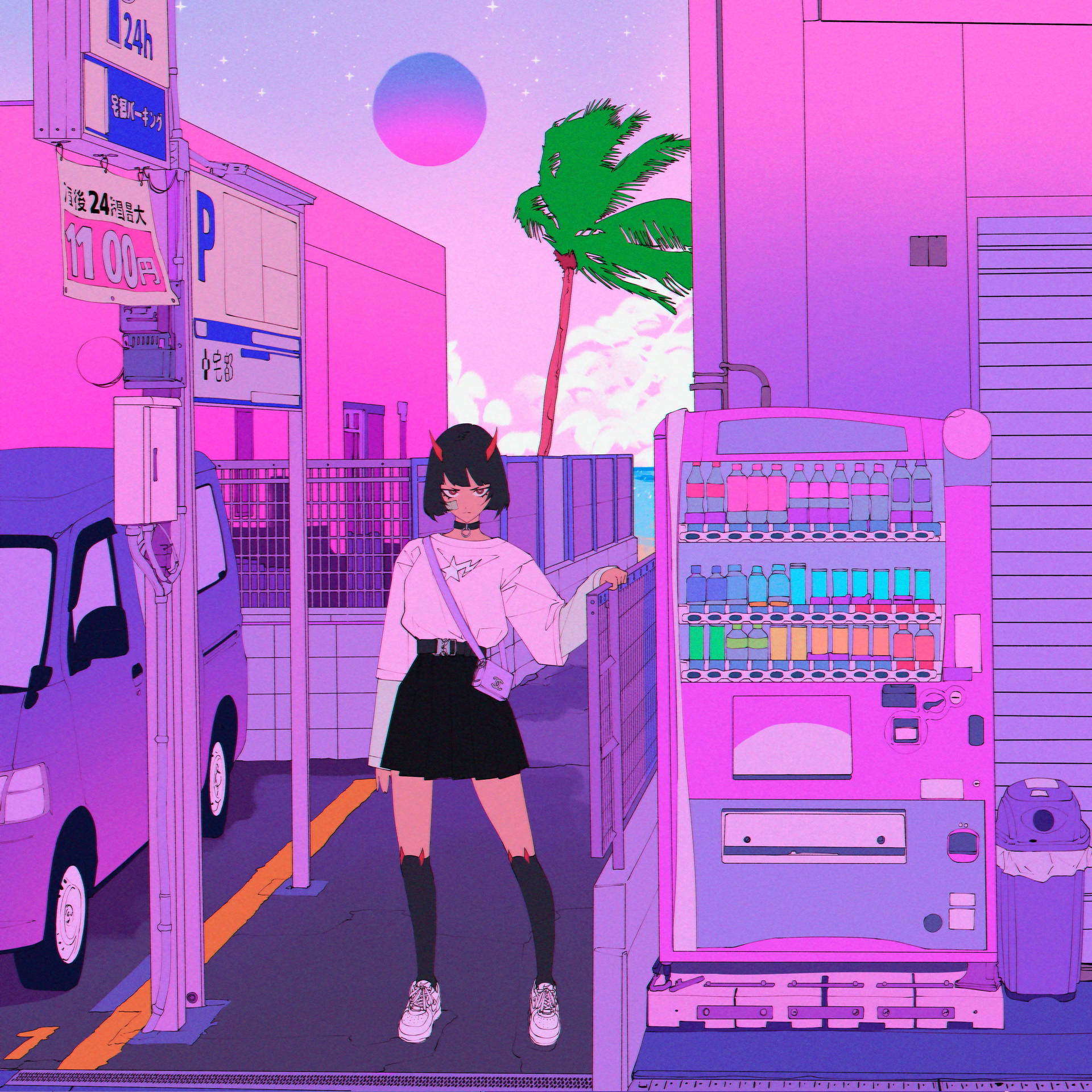 En pige der står foran en automat. Wallpaper