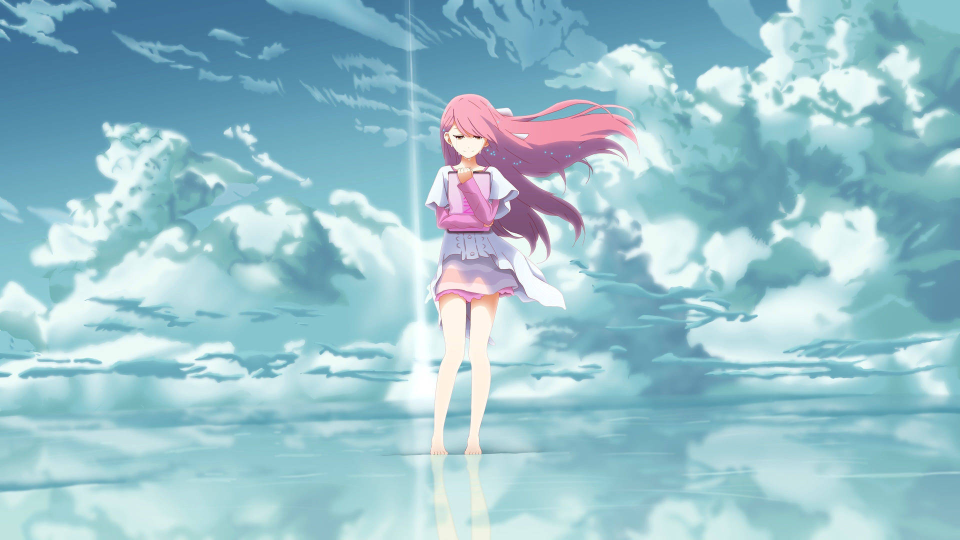 En pige med pink hår der står i vandet Wallpaper