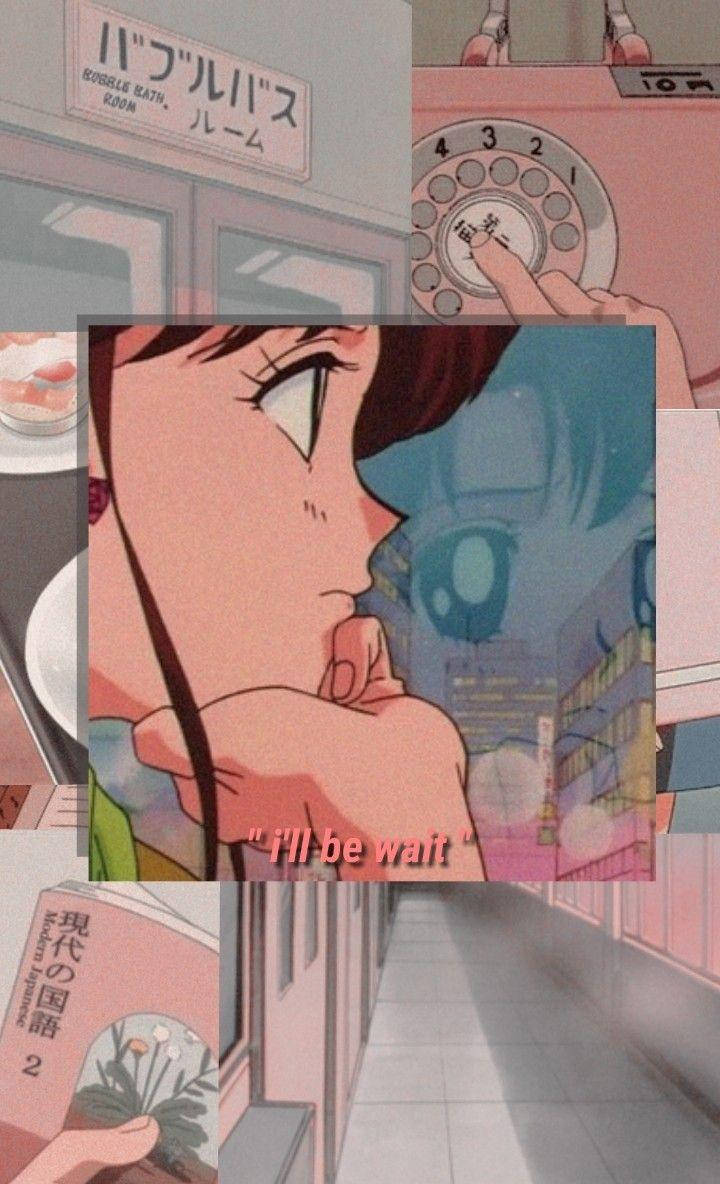 En pige taler med en telefon i et anime-inspireret landskab Wallpaper
