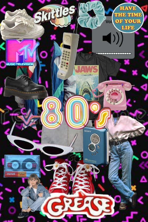 Cartazde Programa De Tv Dos Anos 80 Com Um Telefone, Sapatos E Outros Itens. Papel de Parede