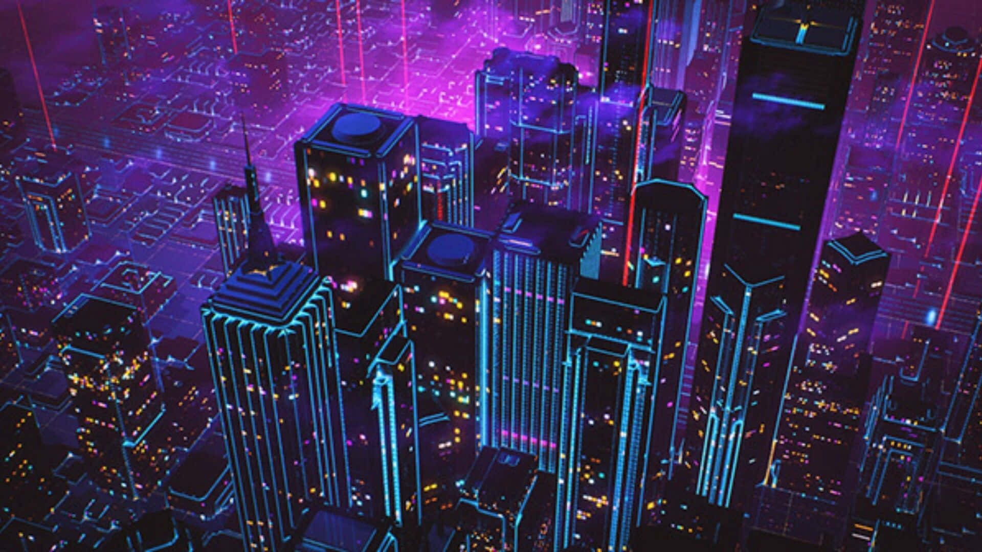 A City With Neon Lights And Buildings Wallpaper