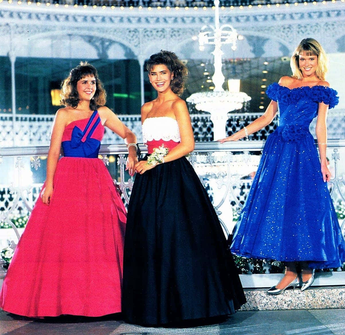 80s Prom Women In Dresses Near Fountain Picture