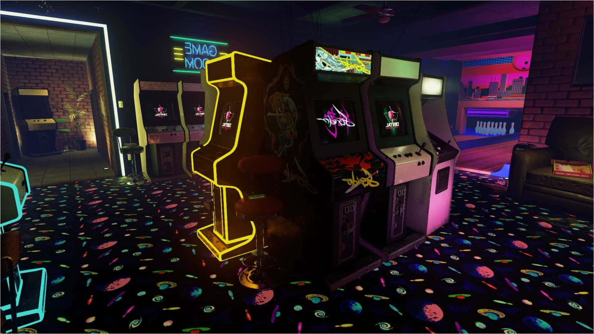 An exciting vision of nostalgia, this 80s retro arcade makes for the perfect throwback experience. Wallpaper