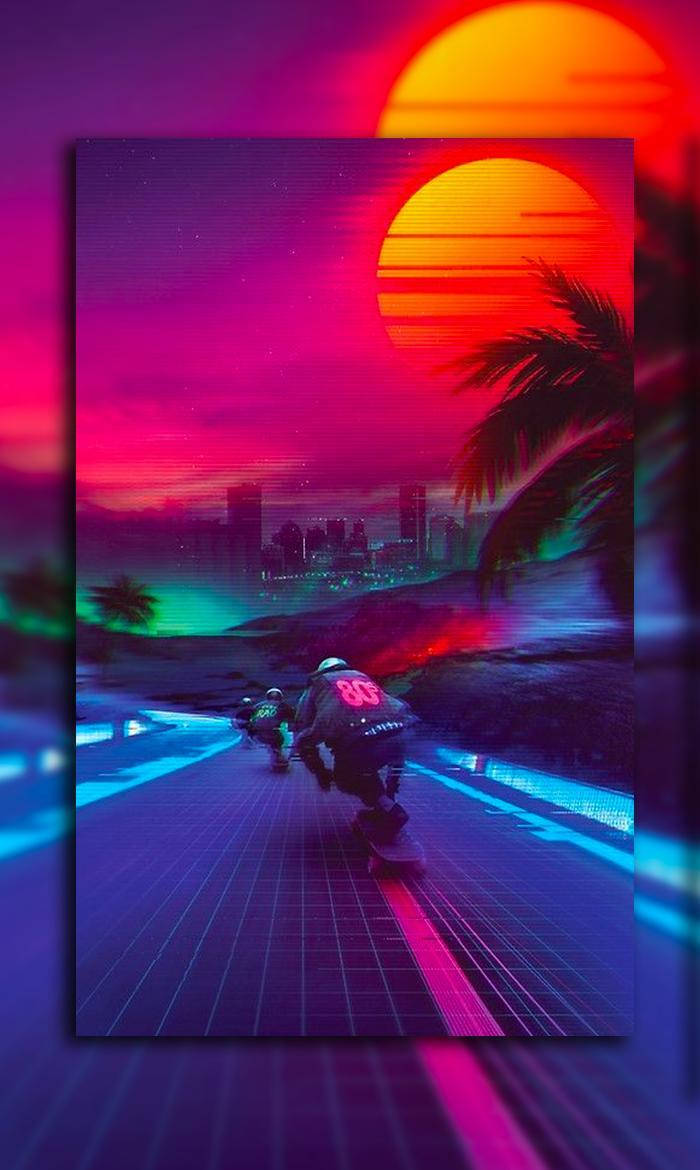 En neon solnedgang med en skateboarder på vejen. Wallpaper