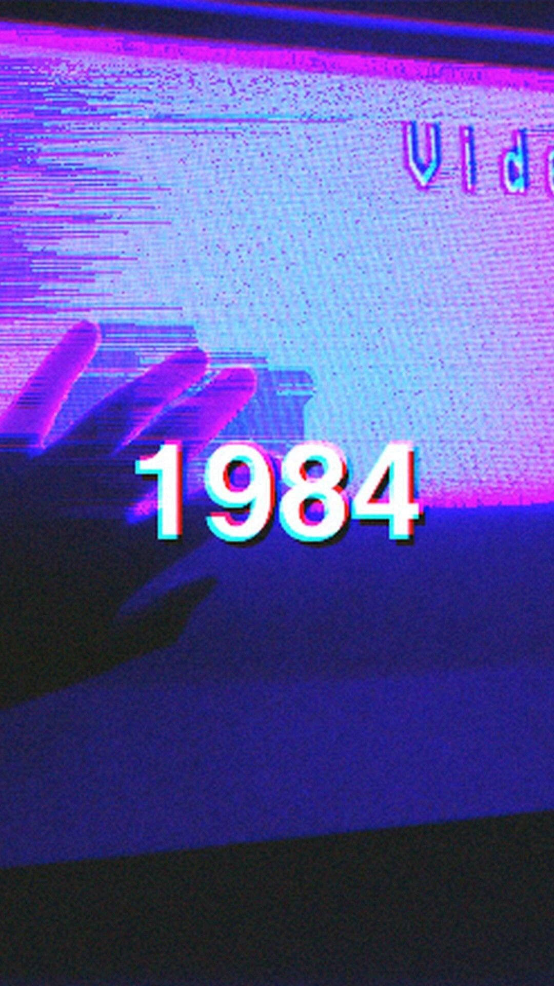 En blå skærm med ordet Video 1984 skrevet i gult Wallpaper