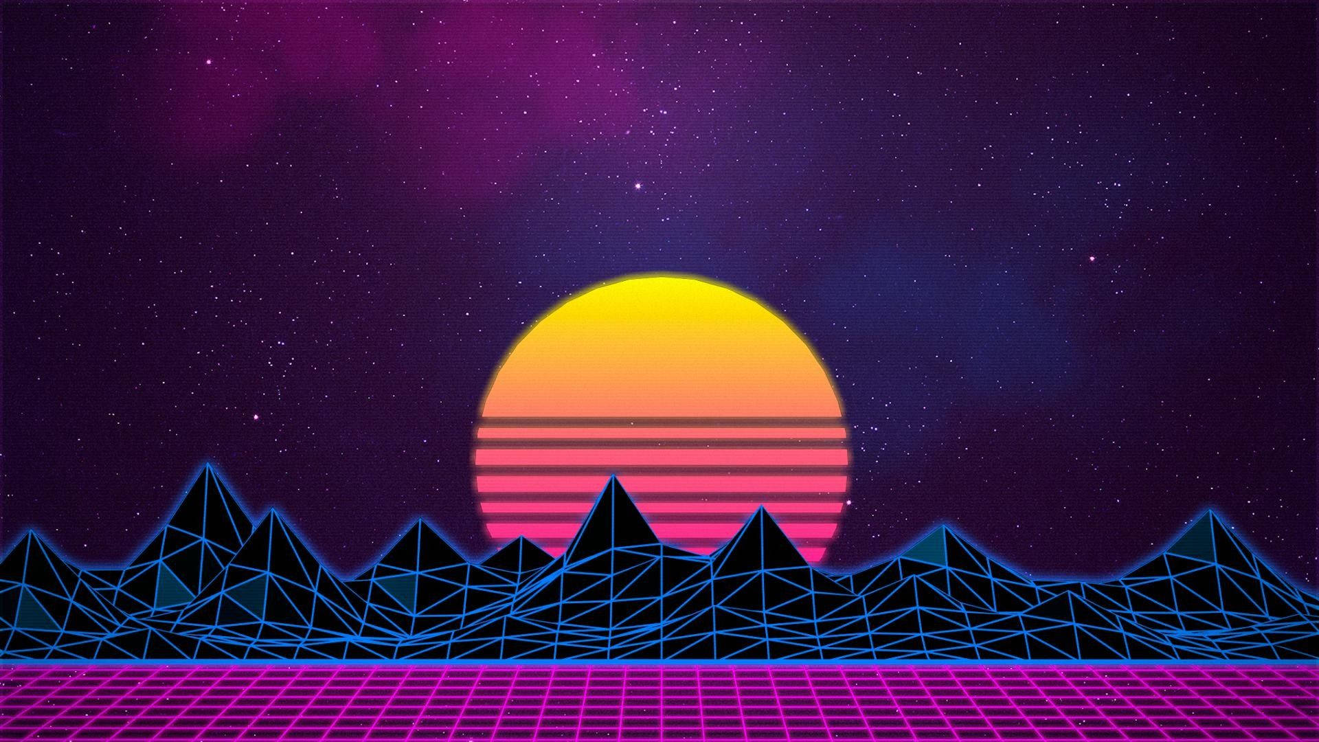 A Pink And Purple Background With A Sun Rising Over Mountains Wallpaper