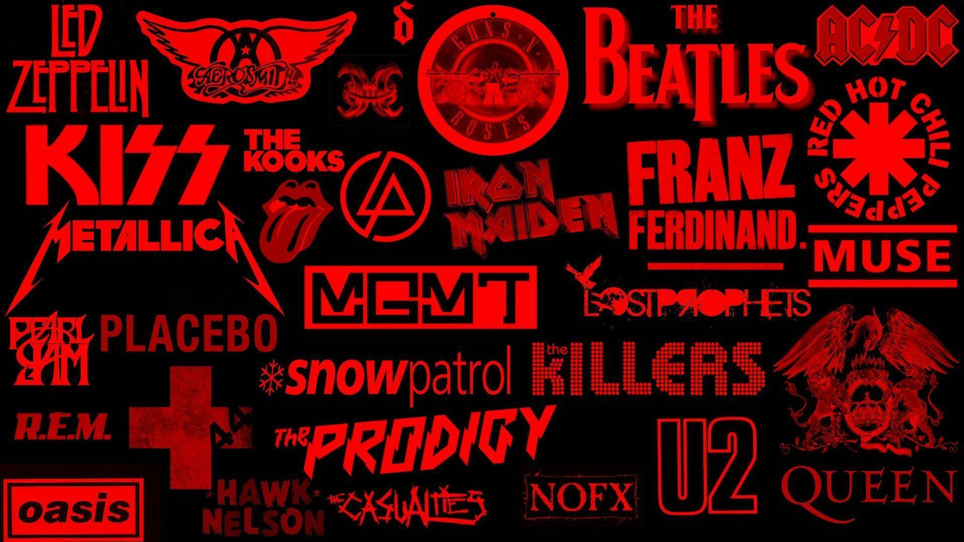 Unfondo Rojo Con Muchas Bandas De Rock Diferentes Fondo de pantalla