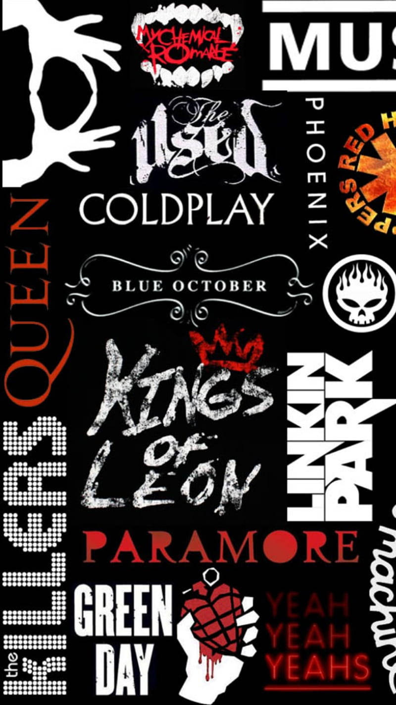 En sort og hvid plakat med mange forskellige bands Wallpaper