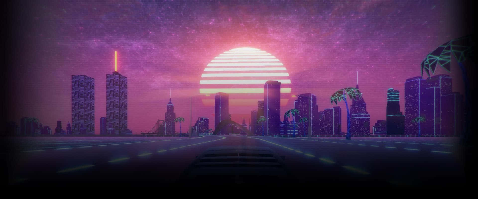 80s Vaporwave Cityscape And Sunset Wallpaper