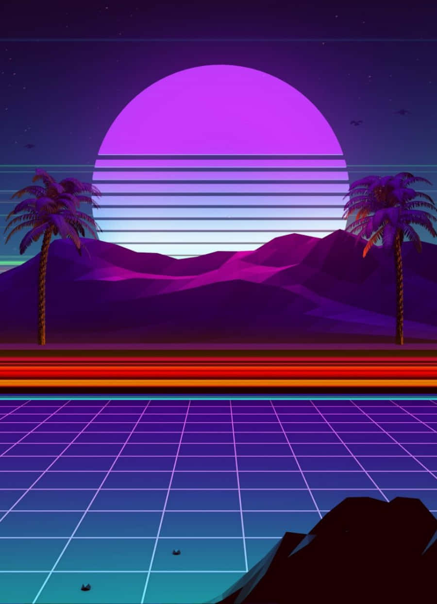 80s Vaporwave Palm Trees And A Mountain Wallpaper
