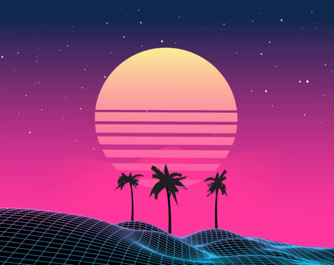 80s Vaporwave Sun And Palm Trees Wallpaper