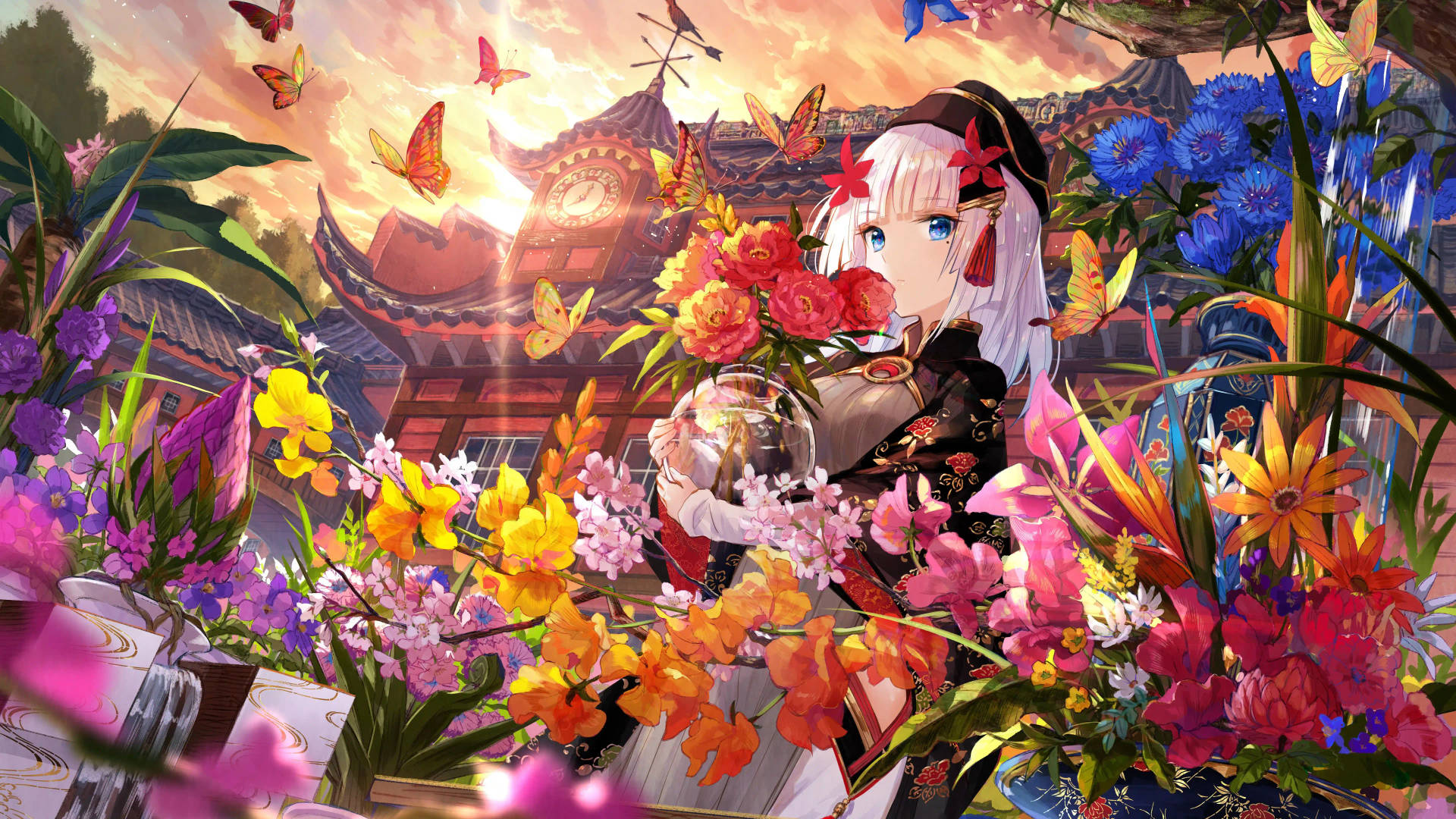 8k Anime Girl And Flowers Background