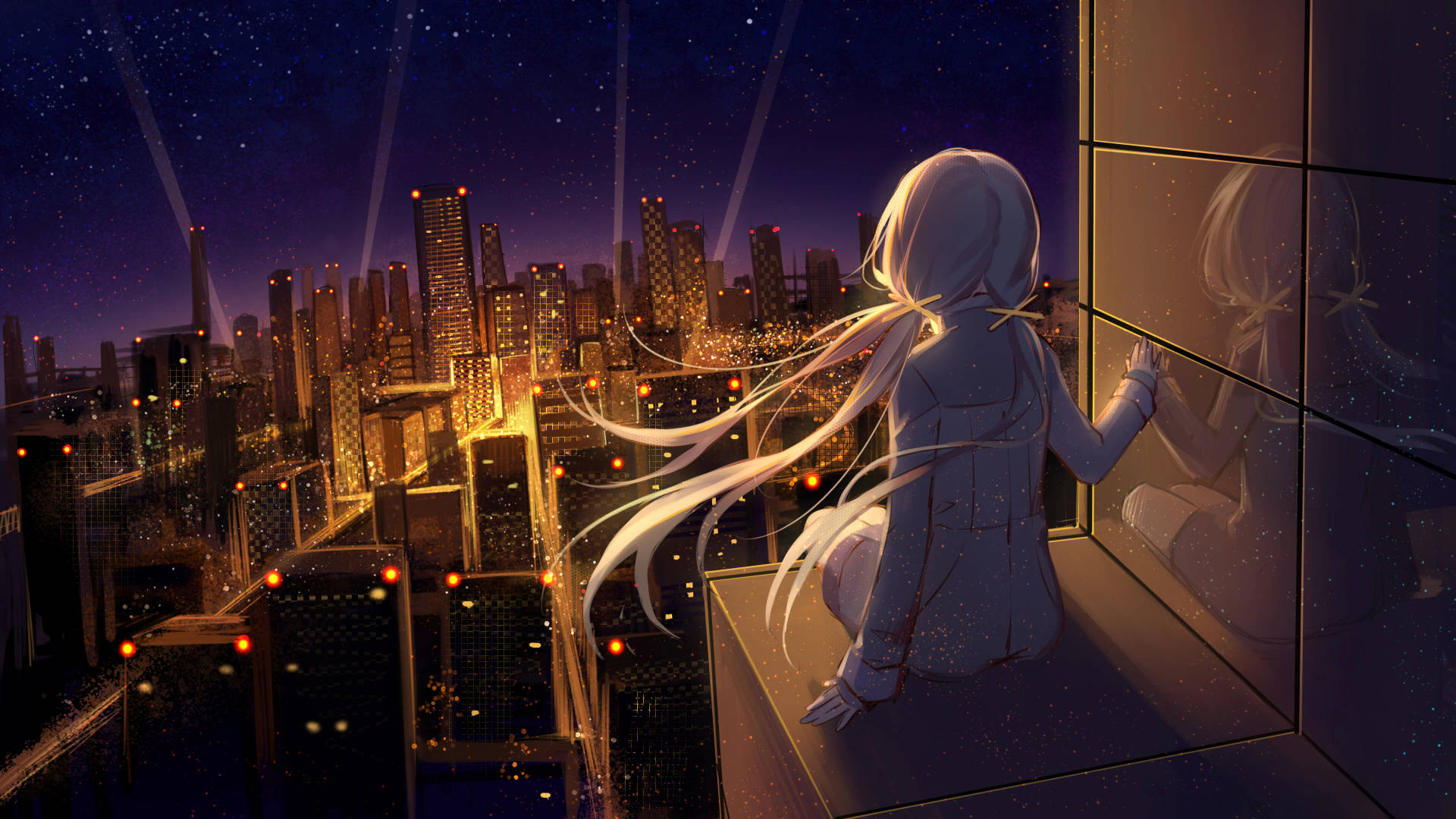 8k Anime Girl Overlooking City Background