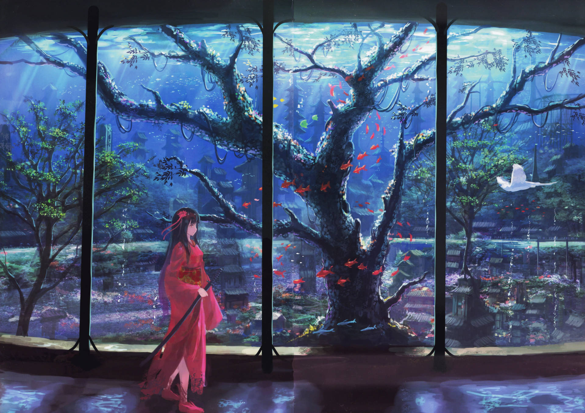 8k Anime Kimono And Aquarium Wallpaper
