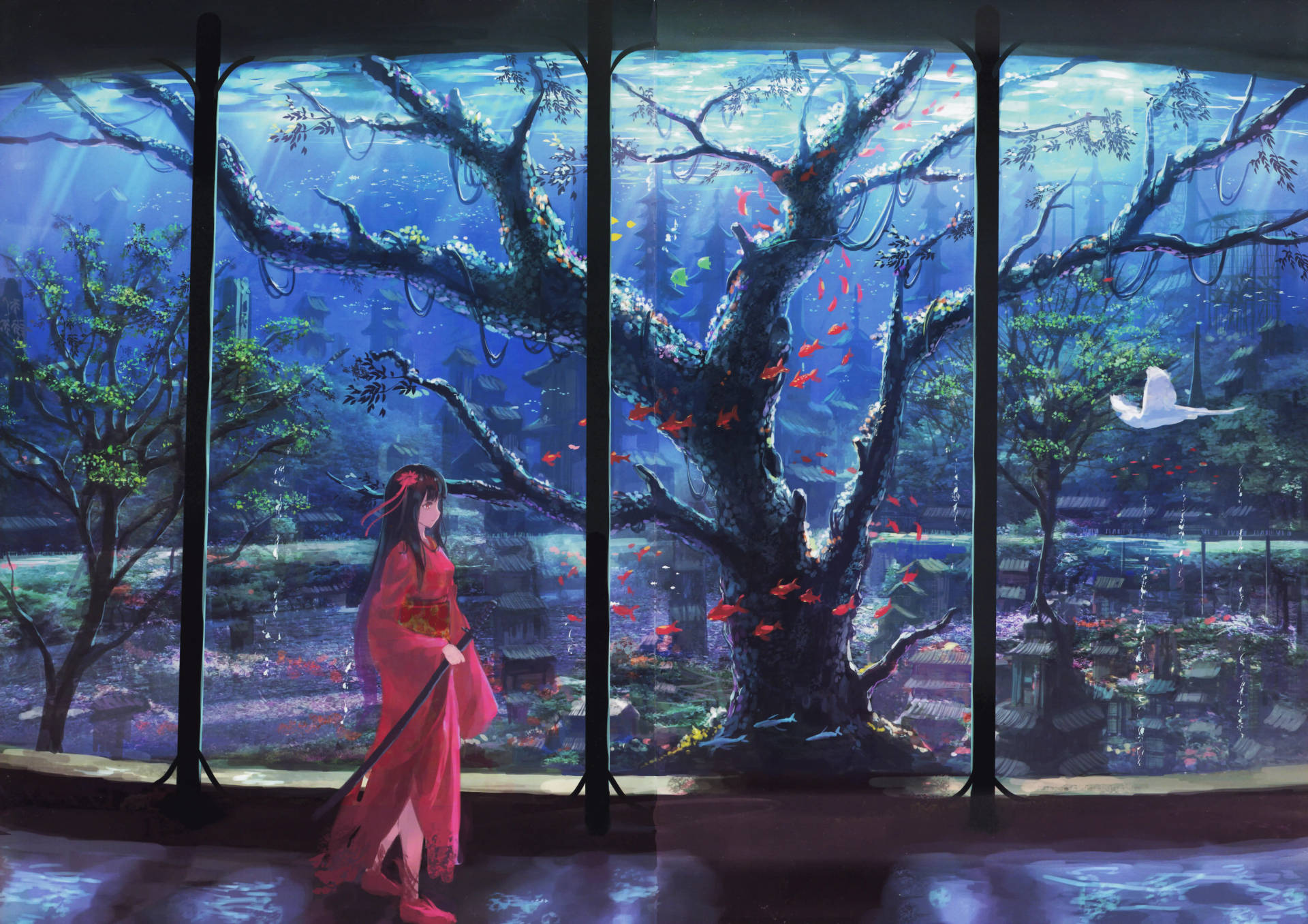 Backdrop: 8K Anime Kimono og Akvarium Baggrund. Wallpaper