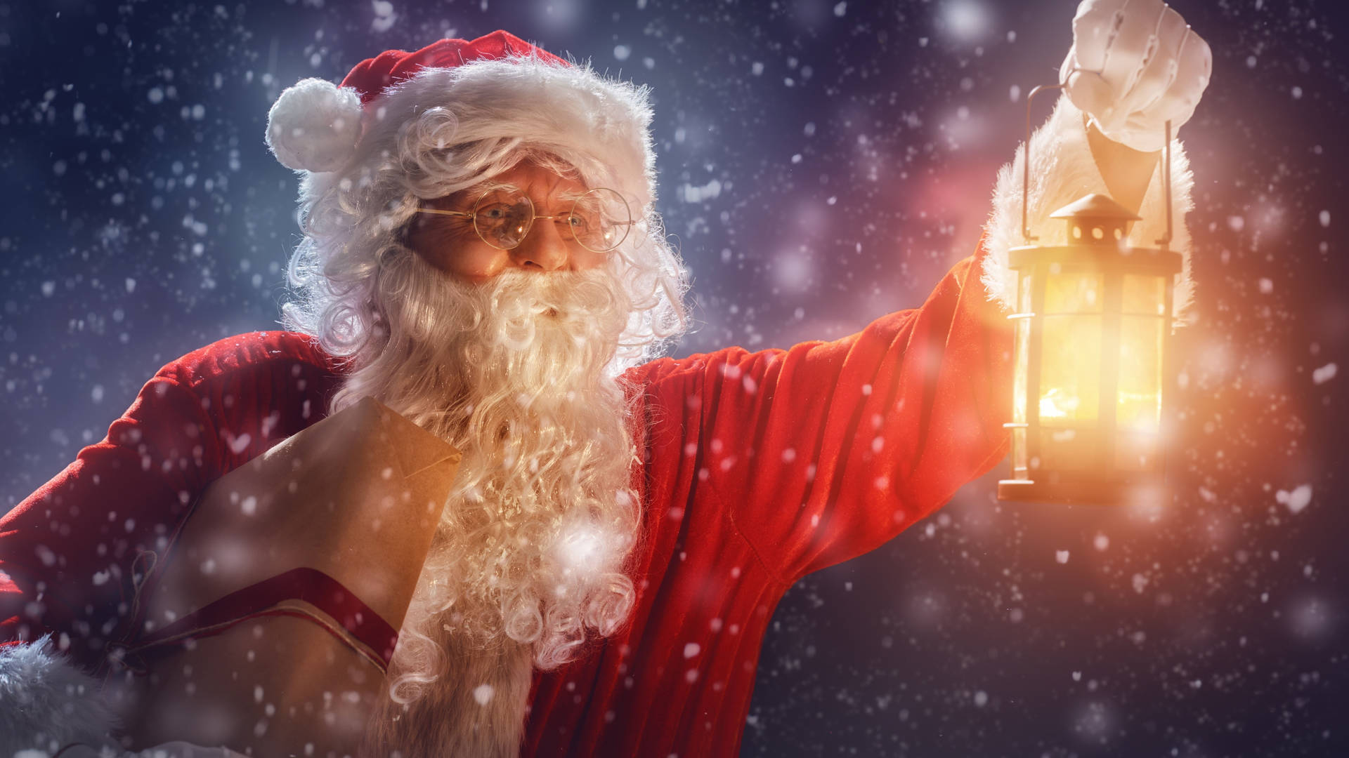 8k Christmas Santa Claus With Lantern Wallpaper