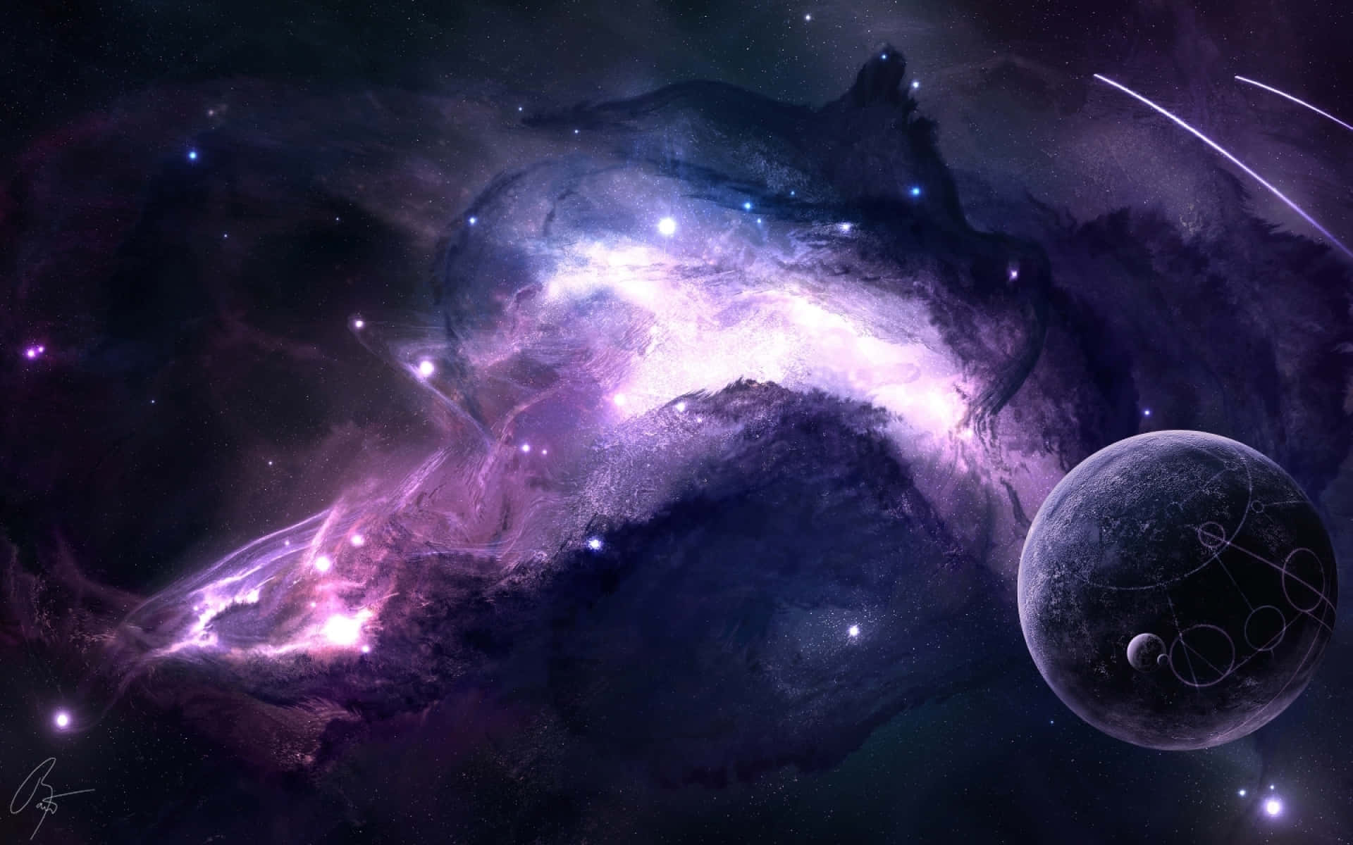 A Purple Space With A Planet And Nebula Wallpaper
