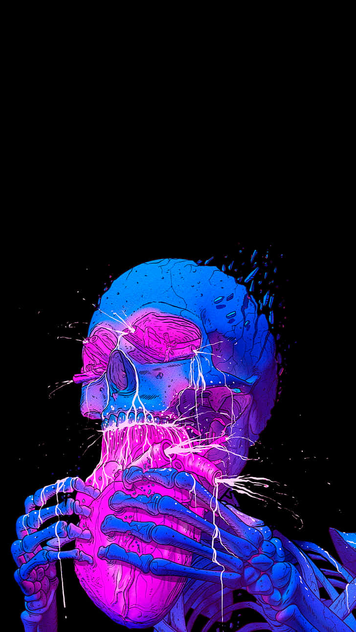 A Skeleton With Blue And Pink Paint On It Wallpaper