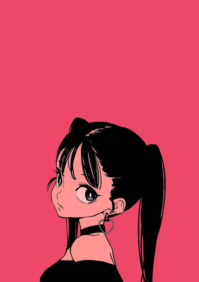 A Black Anime Girl With Long Hair And A Pink Background Wallpaper