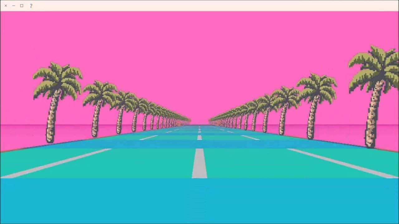 A Pink And Blue Screen With Palm Trees Wallpaper