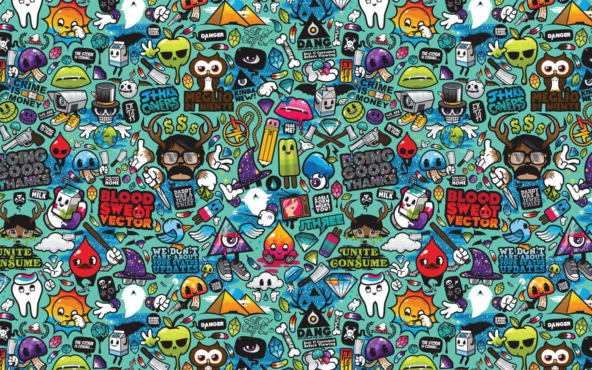 A Colorful Pattern With Many Different Cartoon Characters Wallpaper