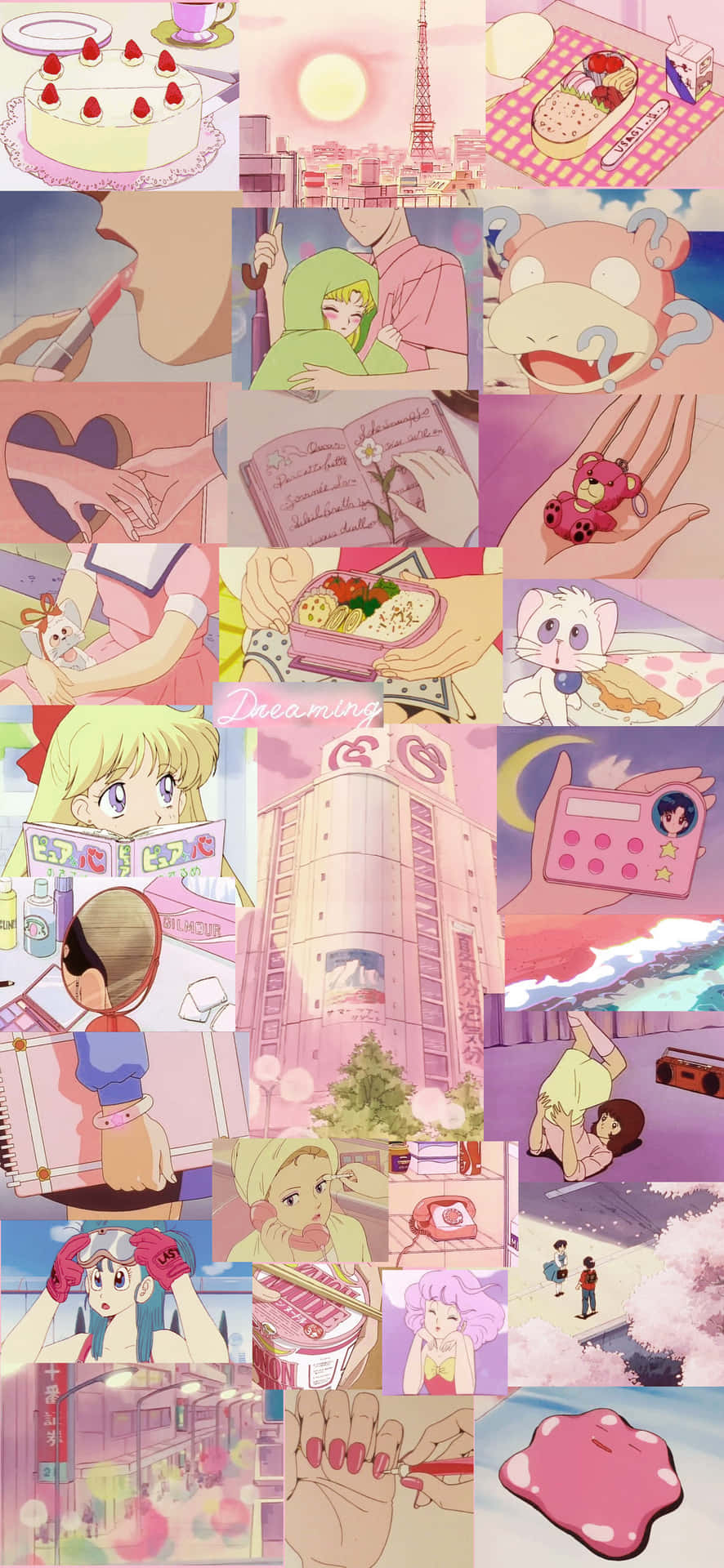 90tals Anime-estetisk Rosa Collage. Wallpaper
