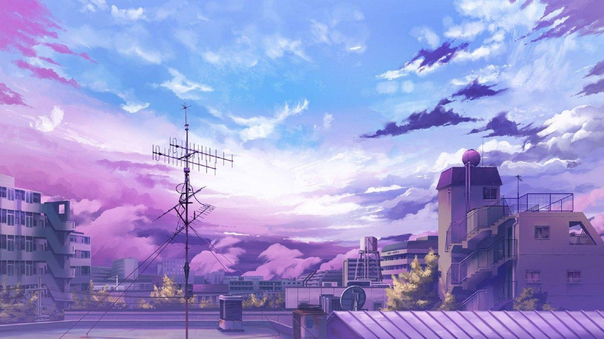 Nostalgic anime artwork featuring a beautiful lilac sky with clouds on  Craiyon