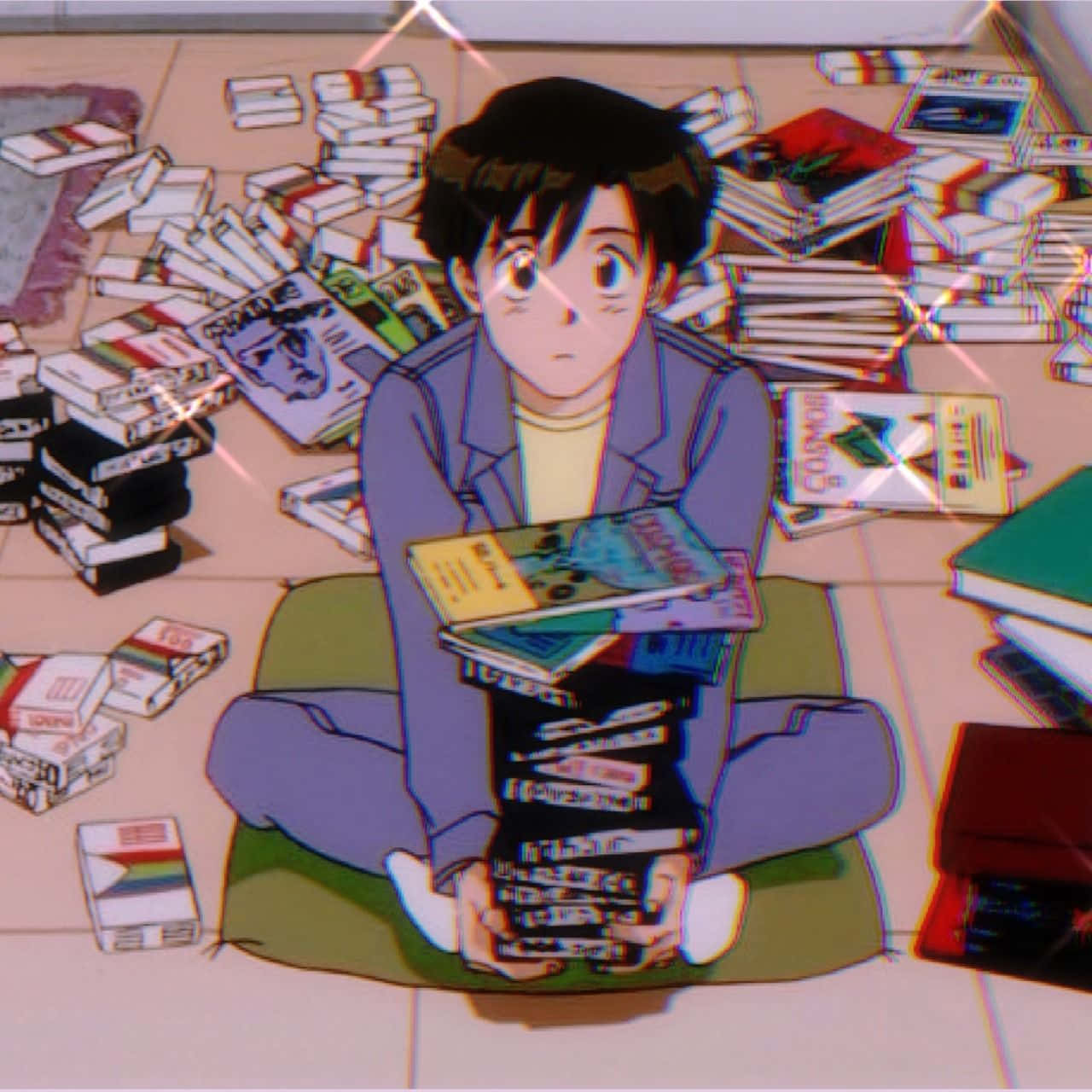 90s Anime Character Surroundedby V H S Tapes Wallpaper