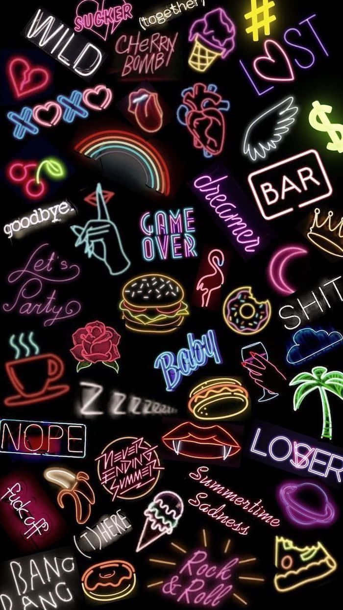 Neon Signs With Different Words On A Black Background Wallpaper