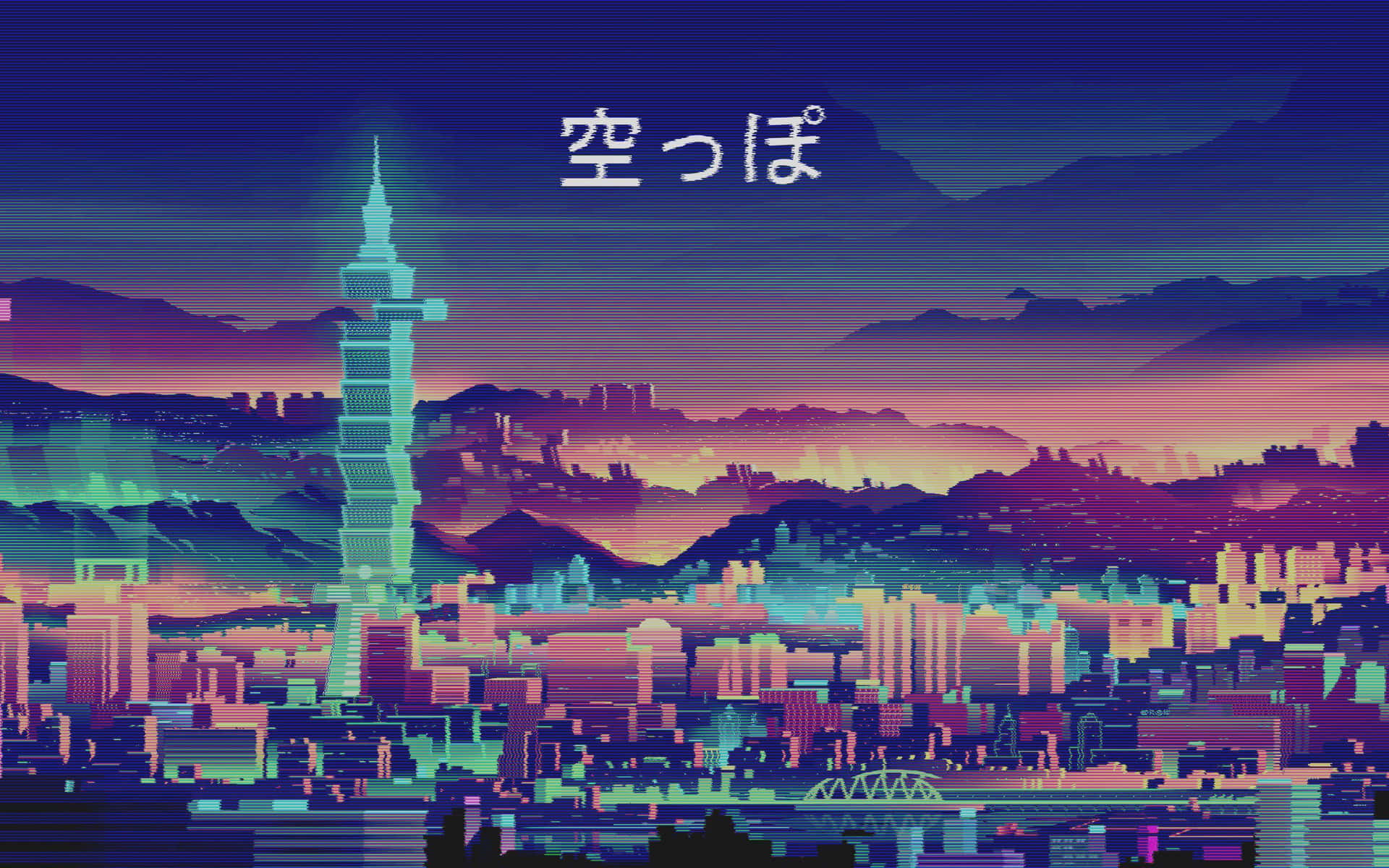 A Cityscape With Neon Lights And A City In The Background Wallpaper