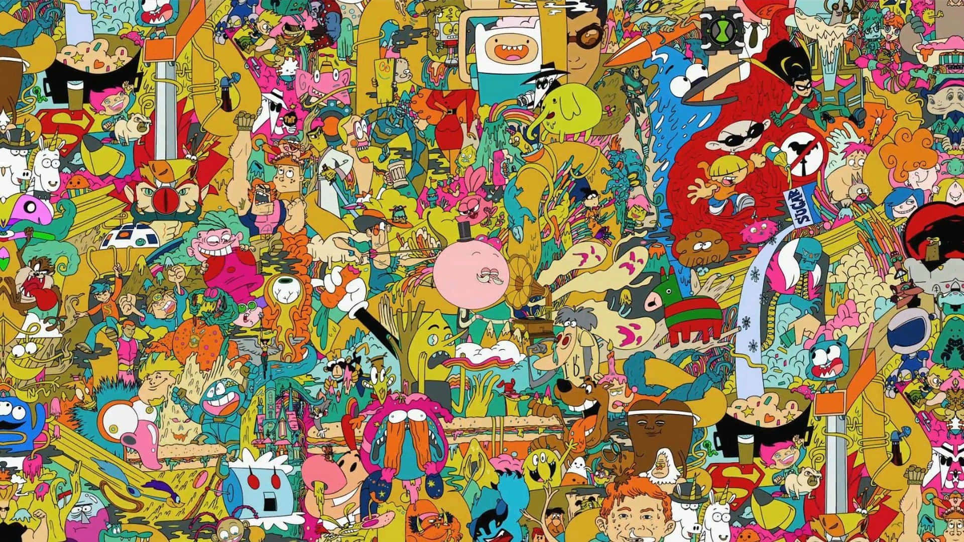 En tegneseriefigur er omgivet af mange tegneseriefigurer. Wallpaper