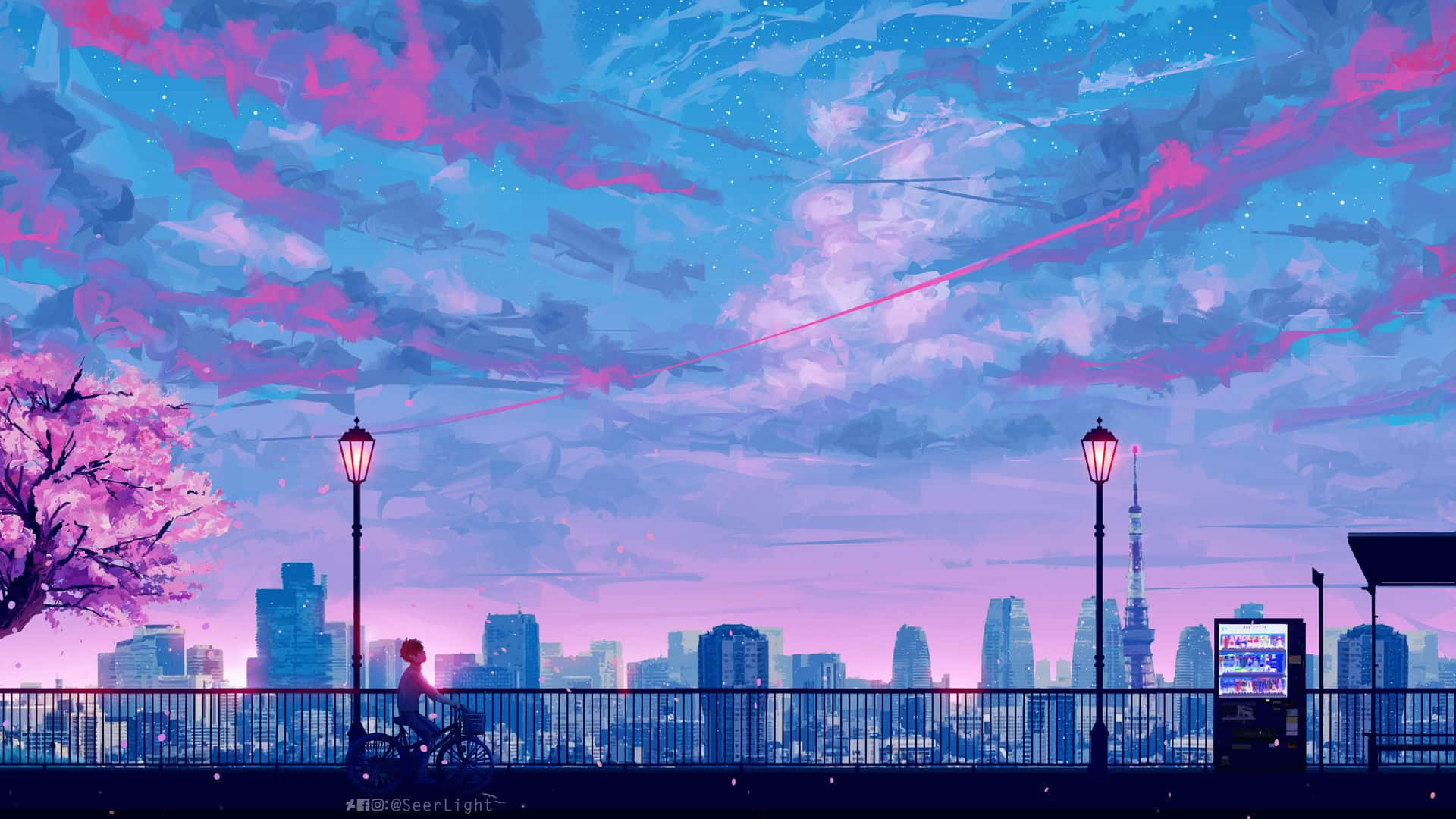 A Painting Of A City With A Pink Sky Wallpaper
