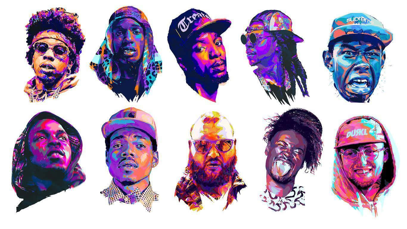 A Group Of Colorful Faces Of Rappers Wallpaper