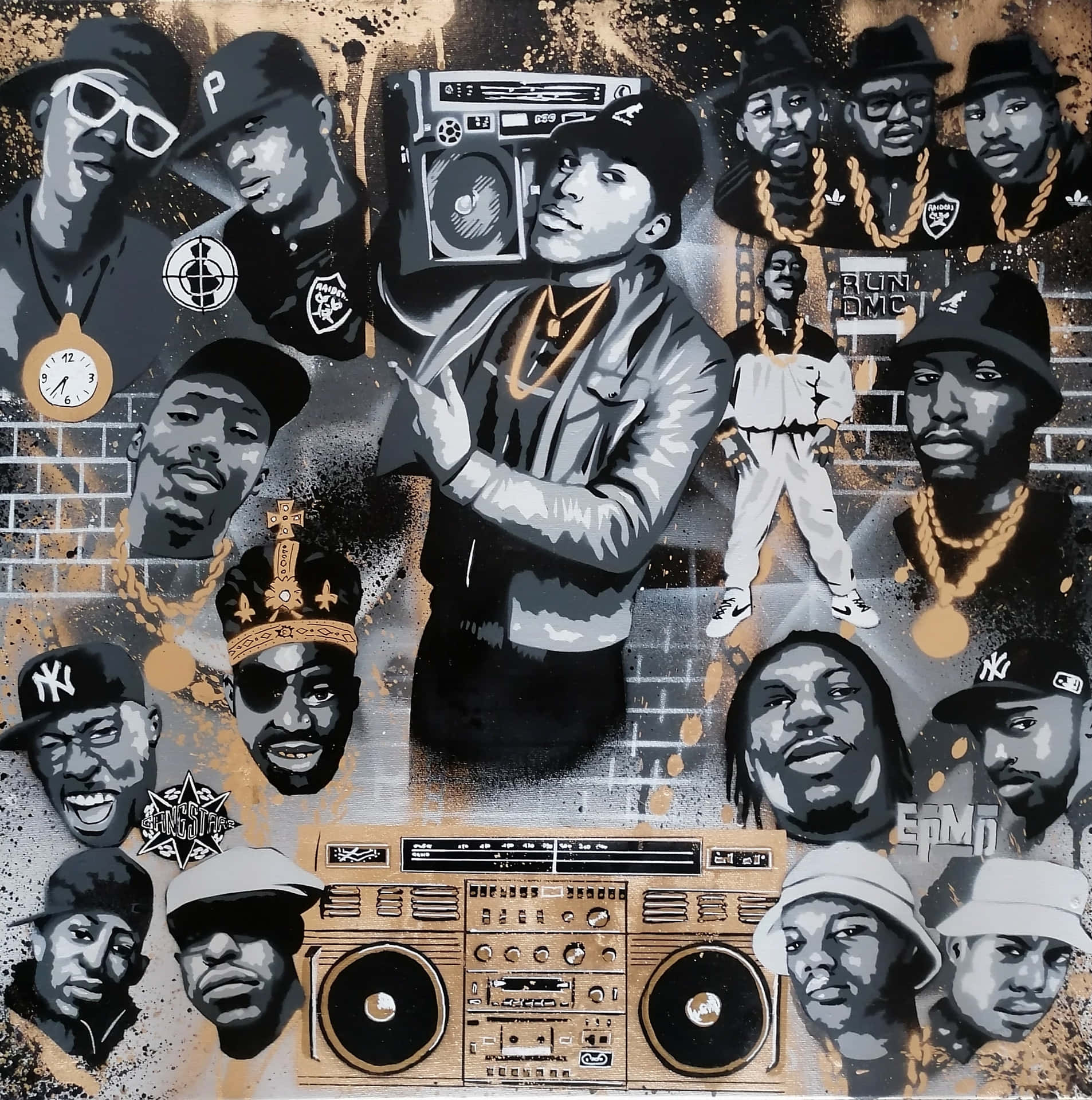 A Painting Of A Group Of People With A Boombox Wallpaper