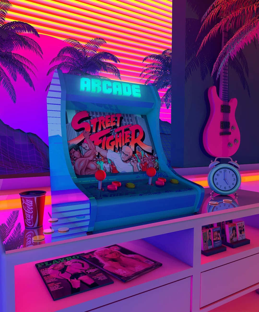 A Neon Lit Room With A Street Fighter Game Console Wallpaper