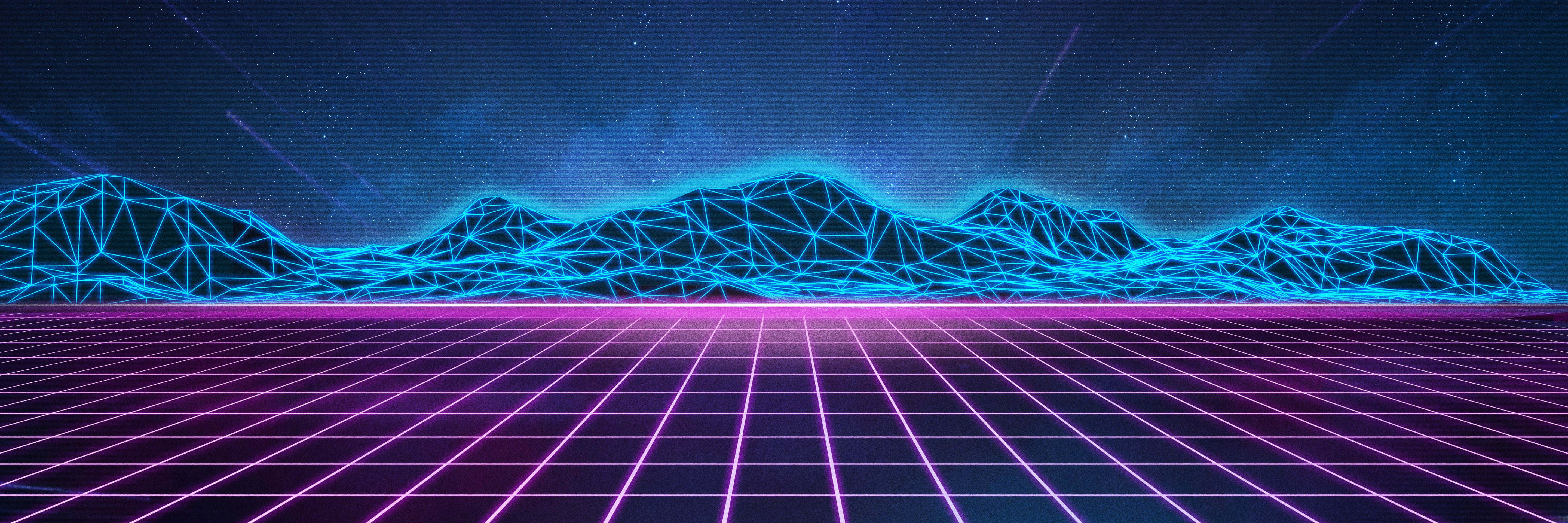 A Neon Background With Mountains And A Grid Wallpaper