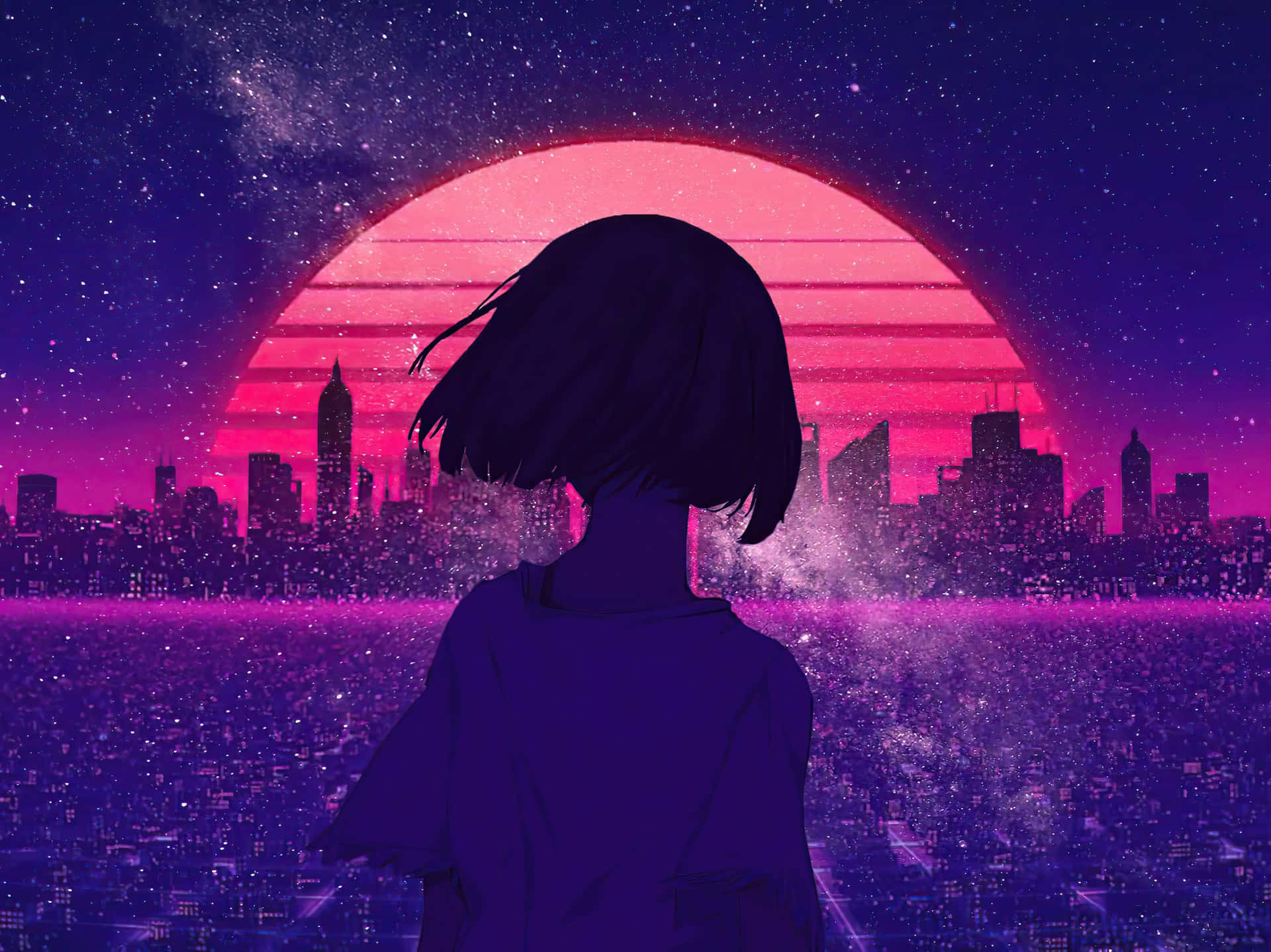 A Girl Looking At The City At Sunset Wallpaper